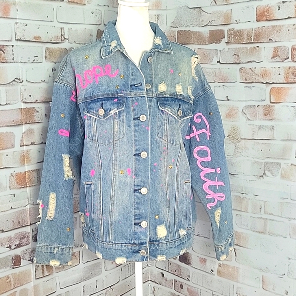Custom Upcycled Pink Ribbon Jean Jacket S/M Breast Cancer 🎀 - Picture 6 of 12